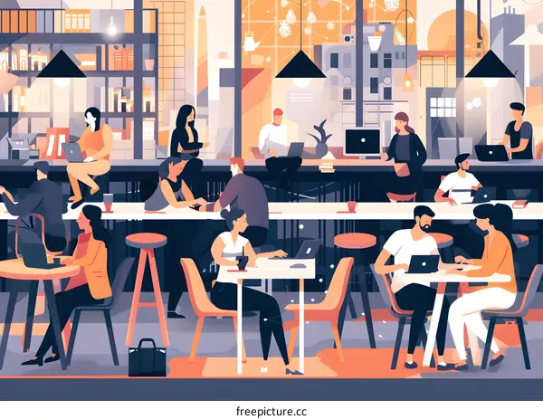 Modern Office Illustration with People Working on Laptops