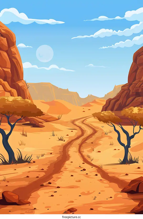 Desert Landscape with Winding Road and Two Trees