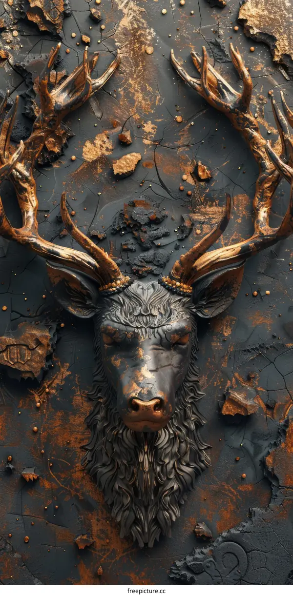 A 3D Rendering of a Stag's Head with Gold and Silver Antlers