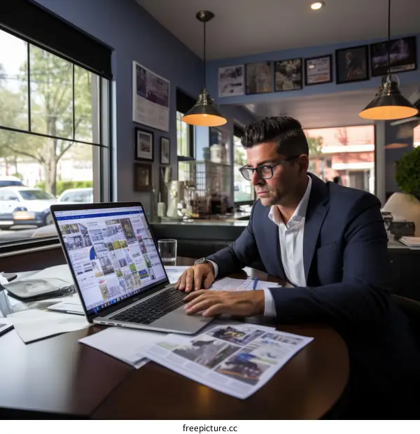 Real estate agent working on laptop in office