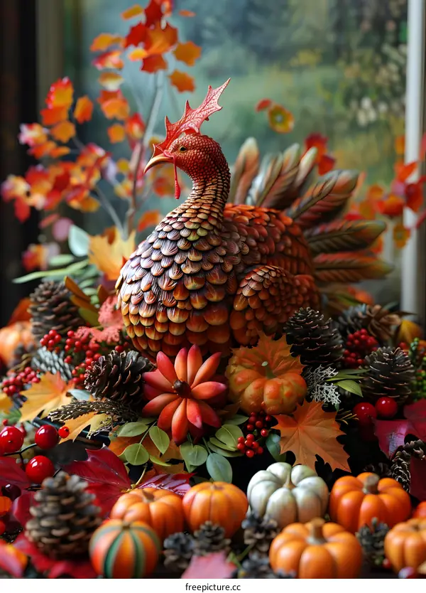 Thanksgiving centerpiece with turkey, pumpkins, and fall leaves