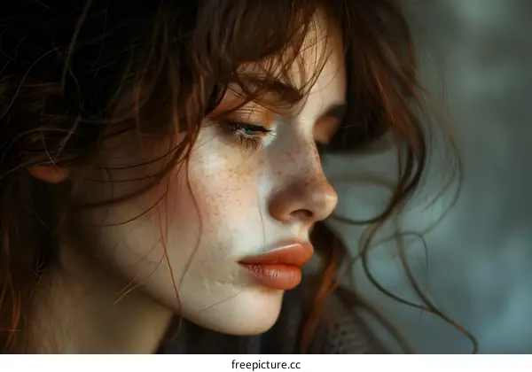 Portrait of a young woman with freckles and red hair