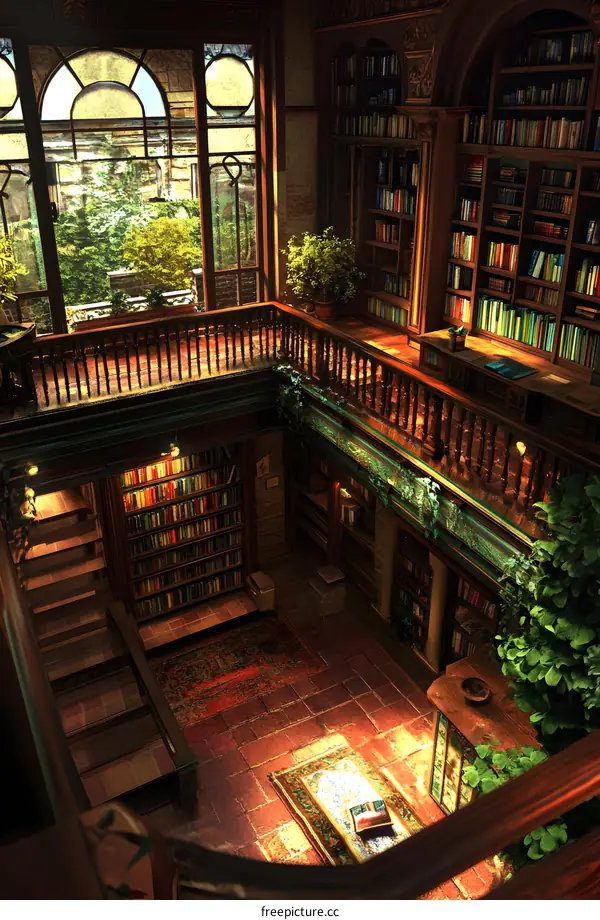 Vintage Library Interior with Bookshelves and Staircase