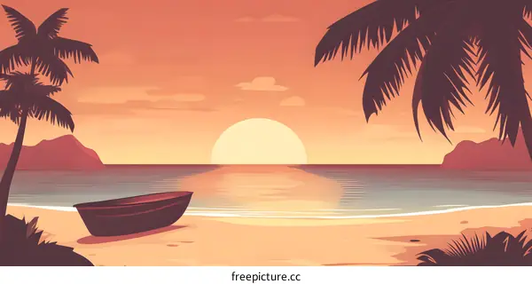 Tropical Sunset Beach Illustration With Palm Trees