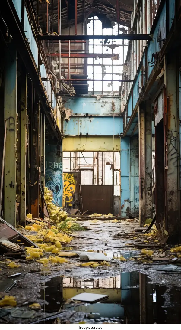 Rundown factory building with broken windows and graffiti on the walls