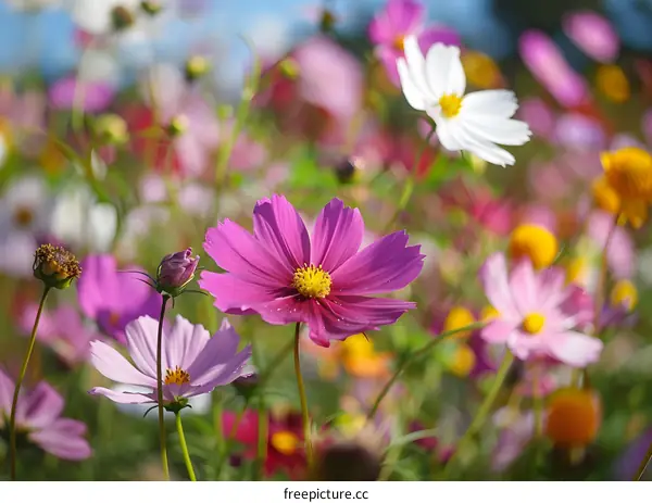 Close Up View of Pink Cosmos Flowers in a Field