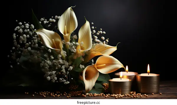 Elegant still life image of calla lilies and candles