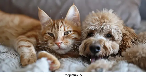 Orange tabby cat and goldendoodle puppy lying together on a blanket