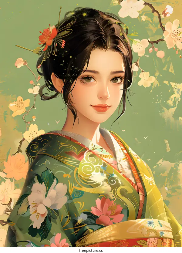 An illustration of a beautiful woman in a kimono with flowers in her hair