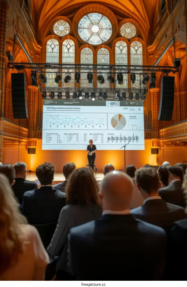 businesswoman giving presentation on stage in front of audience at business conference