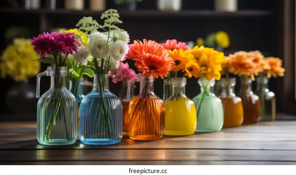 An arrangement of colorful flowers in glass vases on a wooden table.