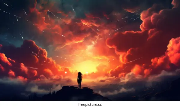 Girl standing on a cliff watching a meteor shower