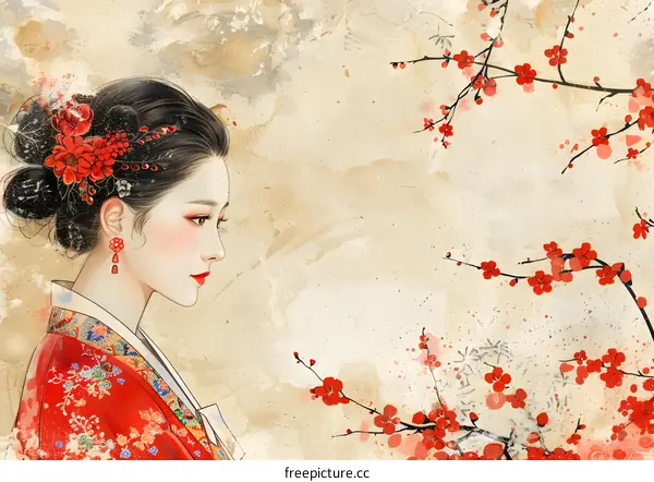 A beautiful painting of a woman in a red dress with red plum blossoms