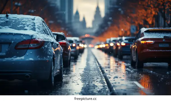 Snow-Covered City Street with Parked Cars at Night