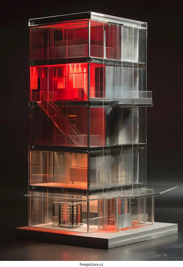 Modern Glass Building Model with Red Lights