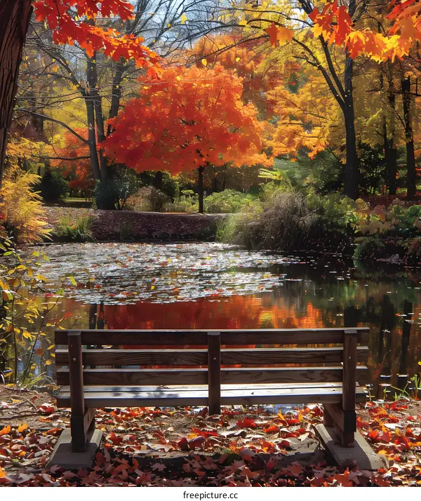 Bench in a park with a beautiful fall backdrop