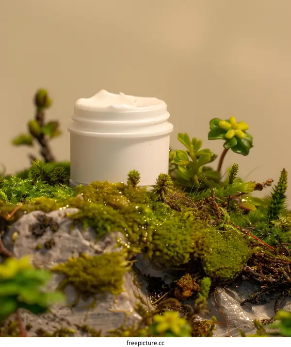 White Cream Jar On Mossy Rock
