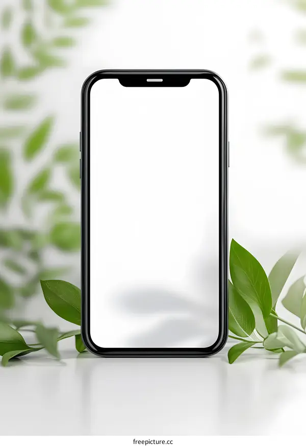 Black Smartphone on White Table with Green Leaves in the Background