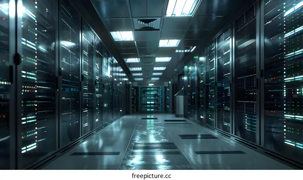 Futuristic server room with supercomputers