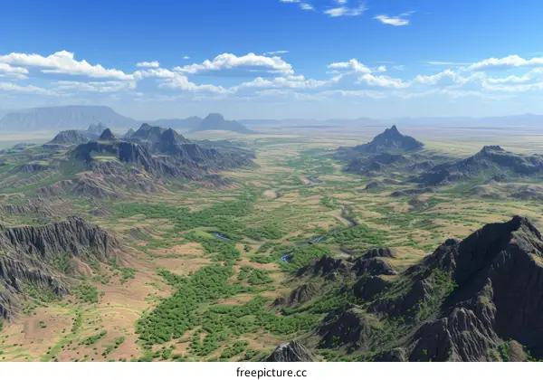 A vast desert landscape with rugged mountains and a river running through it