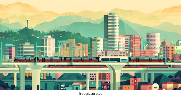 Modern City with Train Running on Elevated Track
