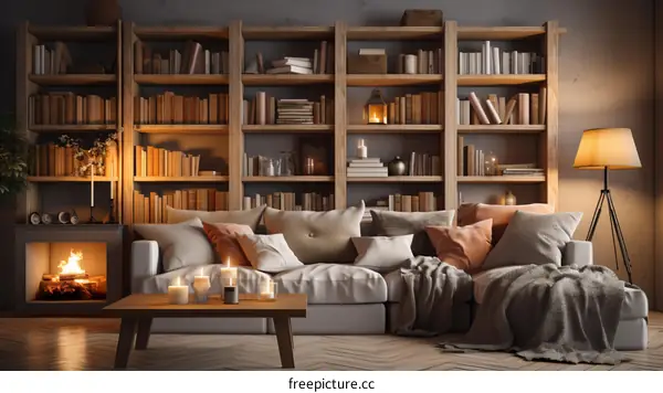 A cozy living room with a fireplace, bookshelves, and a sofa