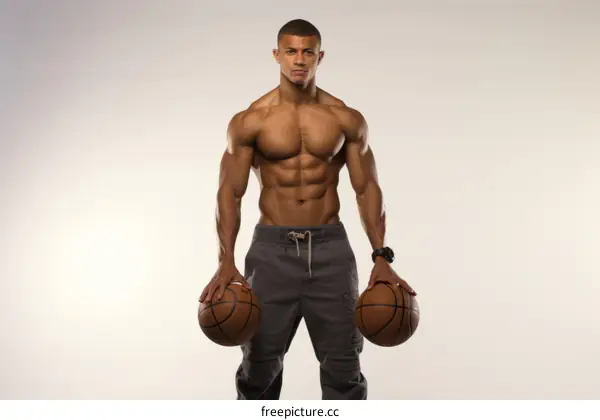 muscular African-American man holding two basketballs
