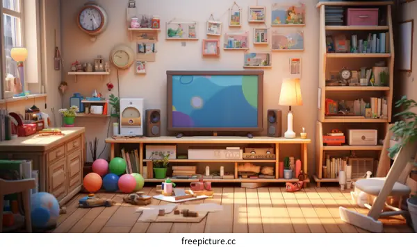 Cozy home interior living room with clutter and toys