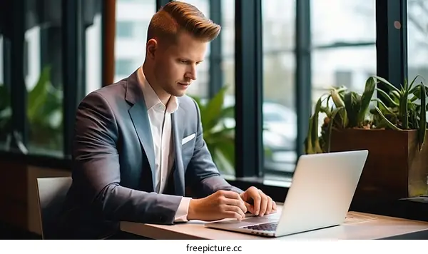 Businessman working on laptop in cafe
