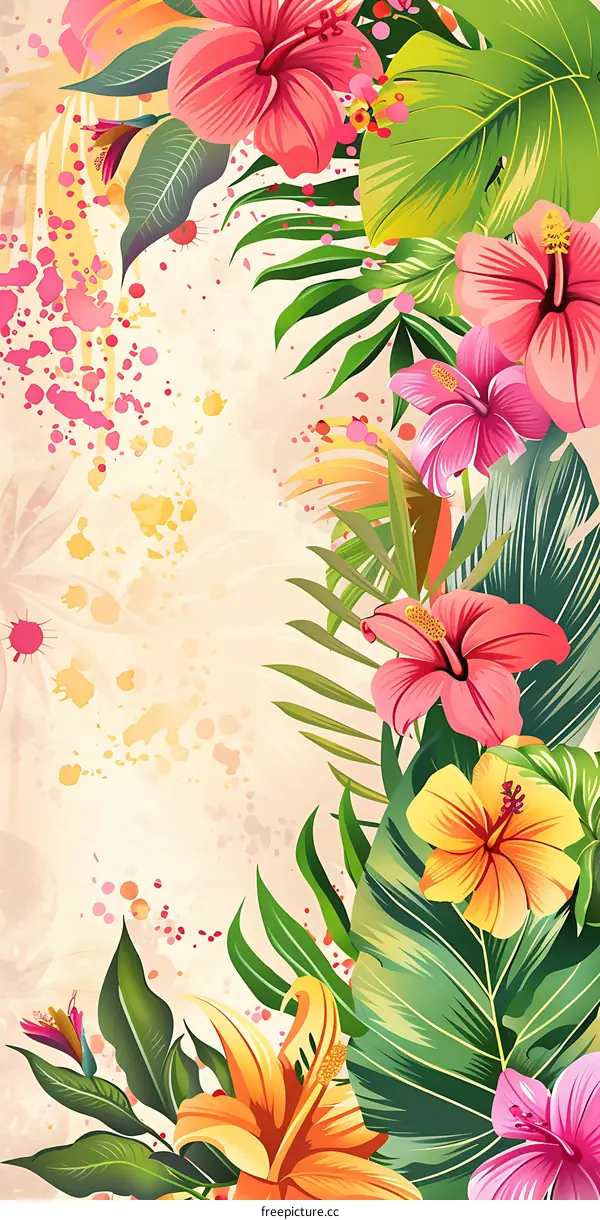 Tropical Flowers and Leaves Watercolor Illustration