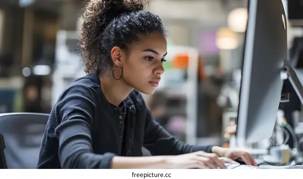 Focused Black Woman Working on a Computer at Desk