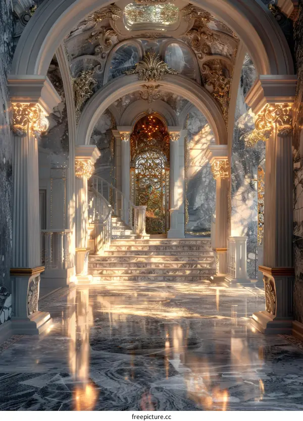 Elegant Golden Architectural Hallway Illustration