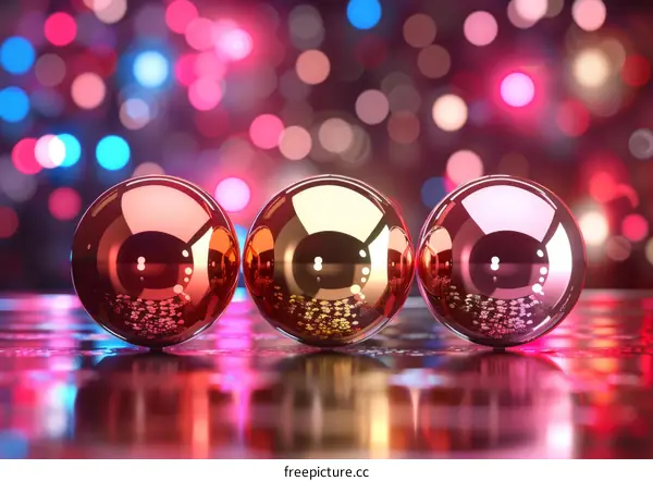 Three Reflective Spheres on a Reflective Surface with a Bokeh Background