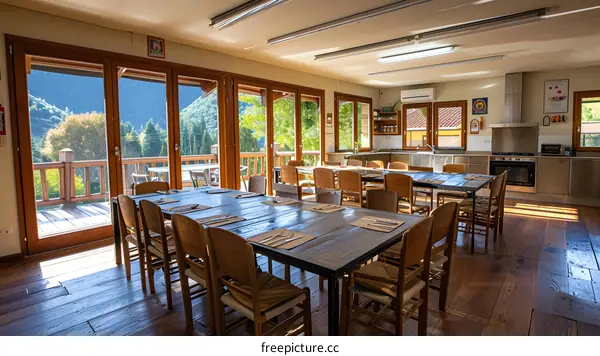 Large wooden table in a mountain lodge