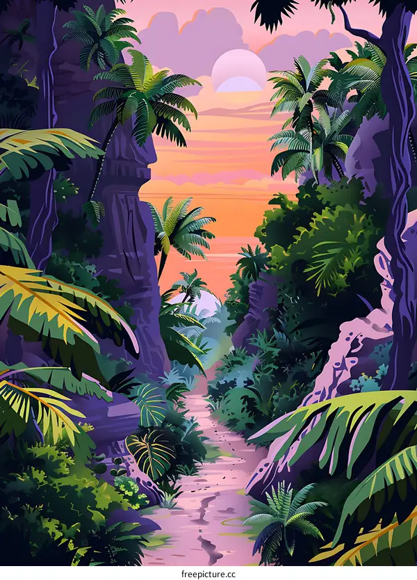Tropical Jungle Path Illustration with Sunset Sky