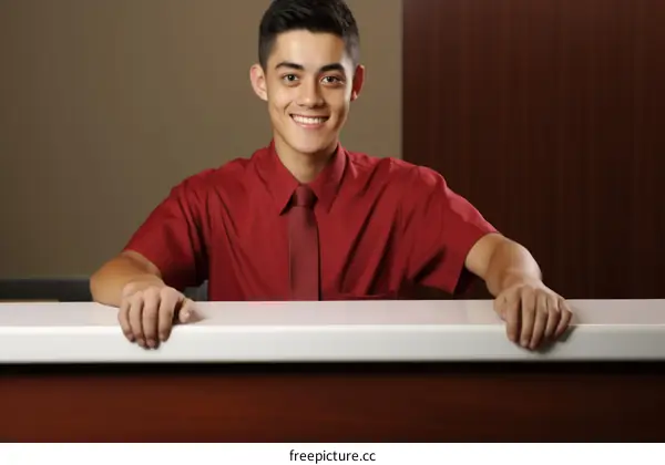 Portrait of a smiling young man in a red shirt and tie