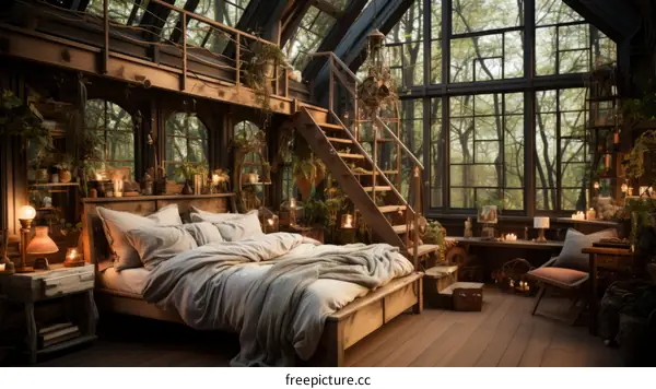 A cozy bedroom in a treehouse with a view of the forest
