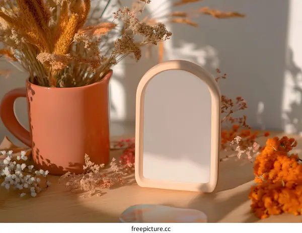 Wooden Frame Mirror With Dried Flowers