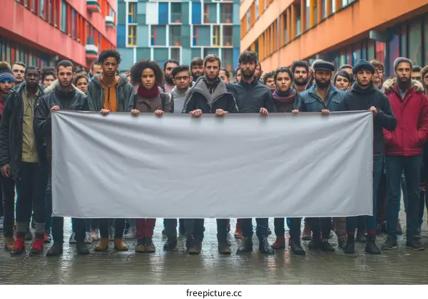A group of diverse people holding a blank banner in front of a colorful building