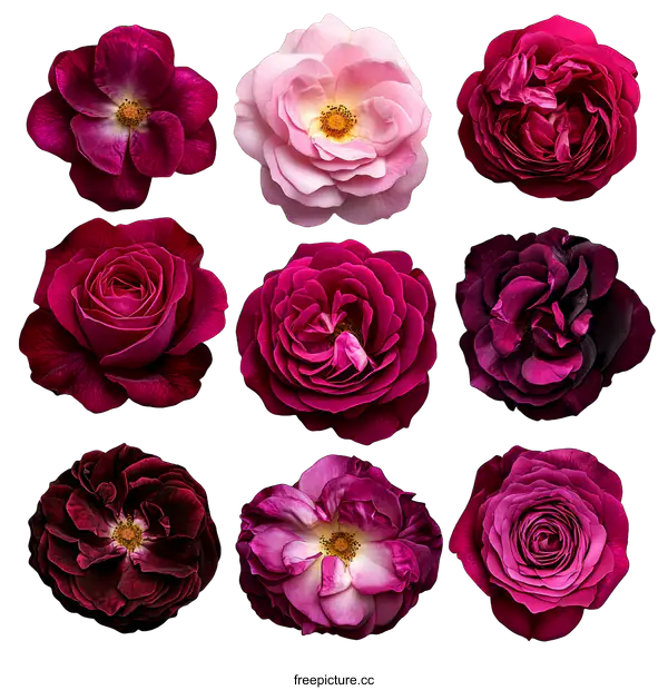 [Transparent Background PNG]A Collection of Vibrant Rose Blooms in Various Shades