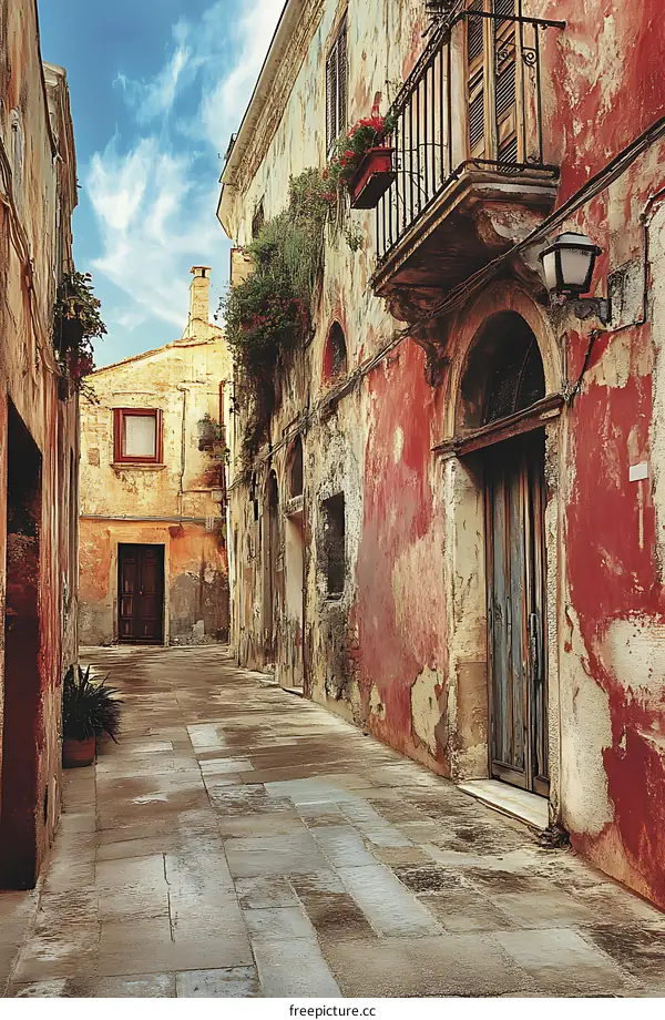 Old Italian Alleyway with Red Brick Walls and a Stone Floor