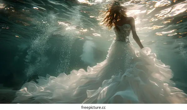 A woman in a white wedding dress swims underwater
