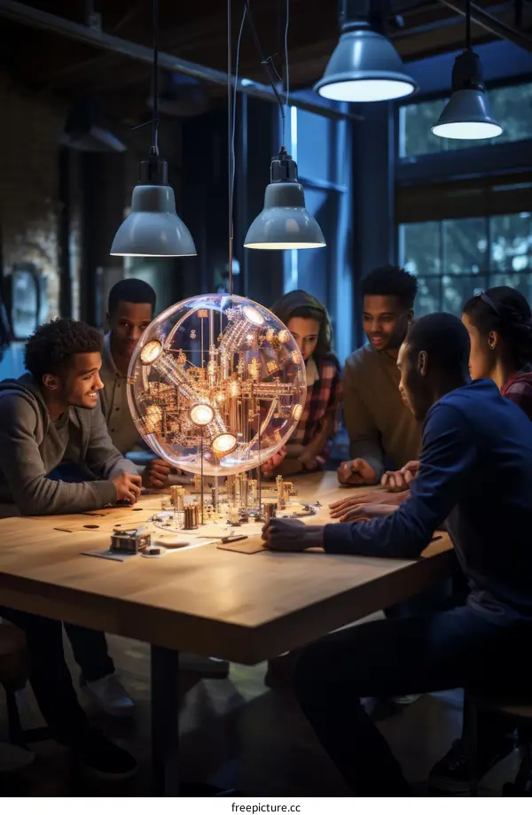 A group of young scientists discussing a project in a laboratory