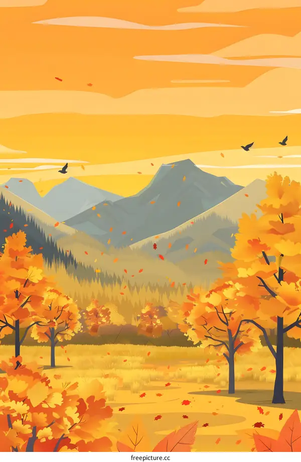 Autumn Landscape With Mountains and Falling Leaves