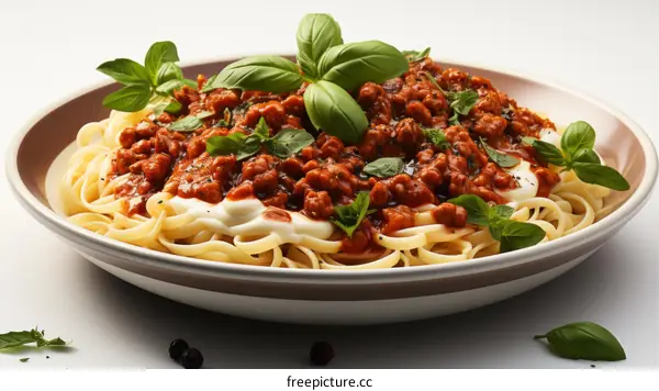 A plate of pasta with tomato sauce and basil