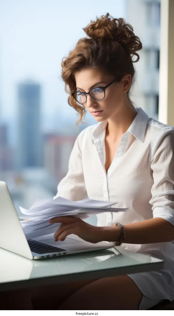 Young businesswoman working on laptop in modern office