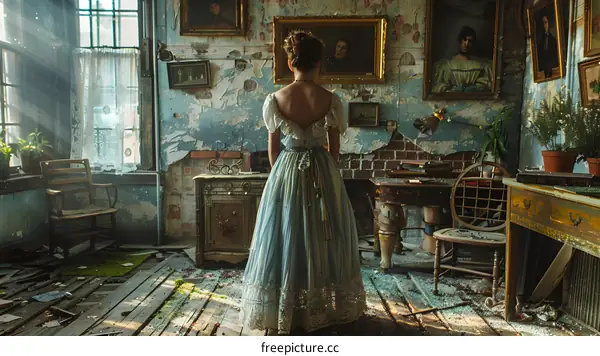 Woman in Vintage Dress Standing in Abandoned Room