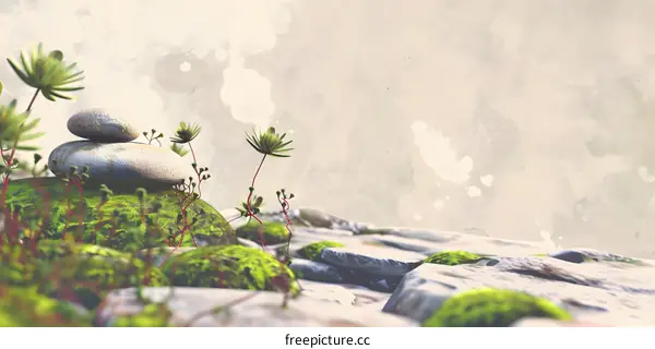 Zen Garden Watercolor Illustration with Stacked Stones and Plants