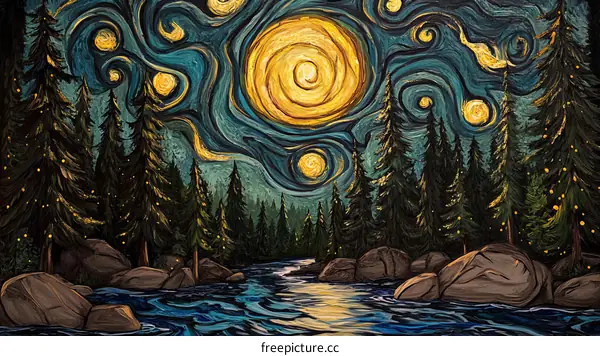 Starry Night Forest River Landscape Painting