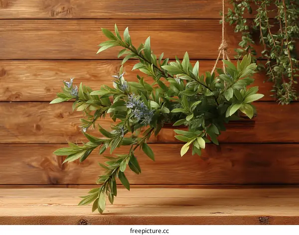 Wooden Background with Hanging Greenery Arrangement